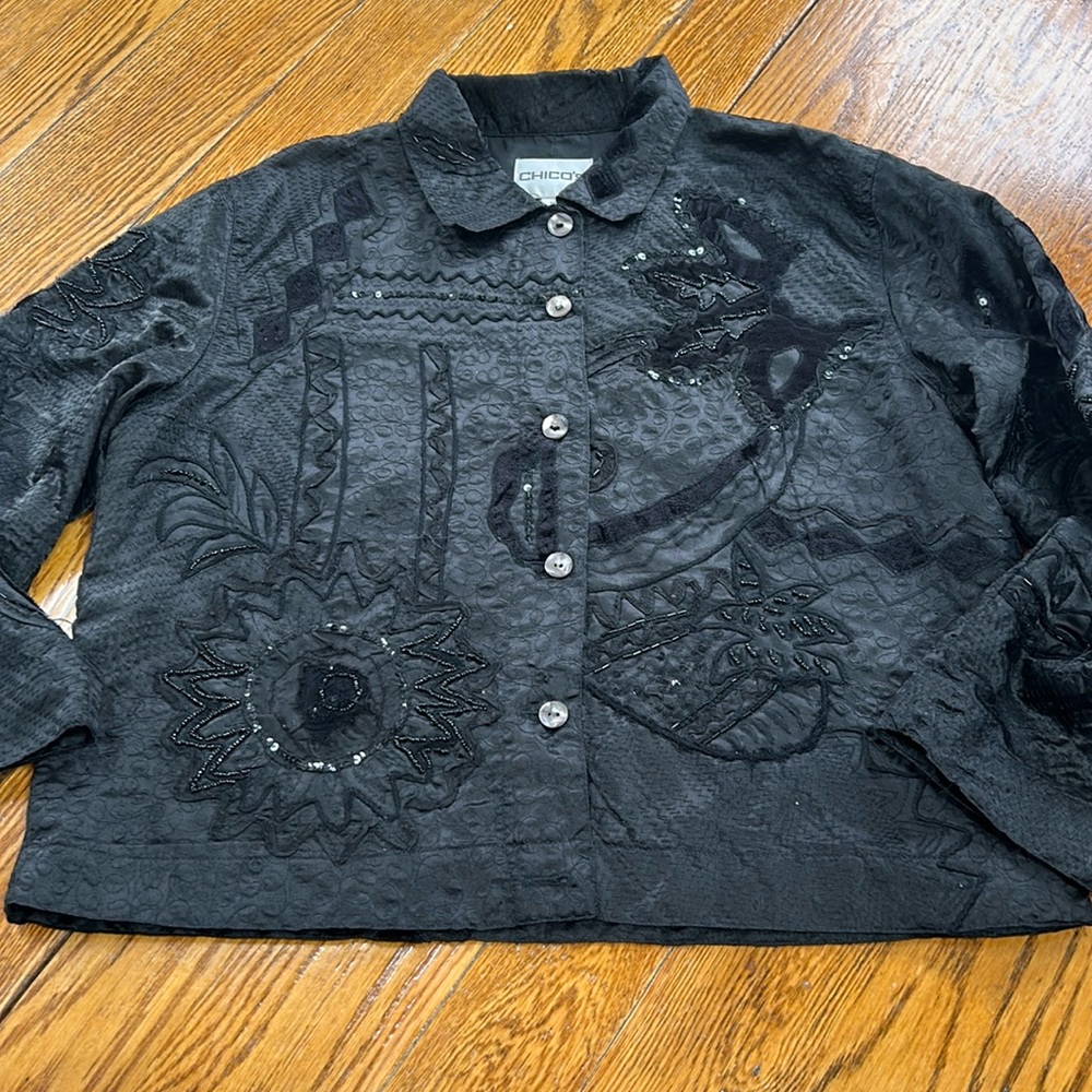 Chico’s black sequined jacket. Button front. Black. Chico’s Size 3 (Large)
